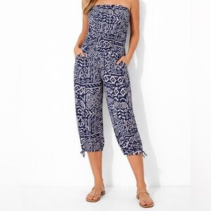 Chesley Blue & White Geometric Strapless Capri Jumpsuit Women’s M Y2K